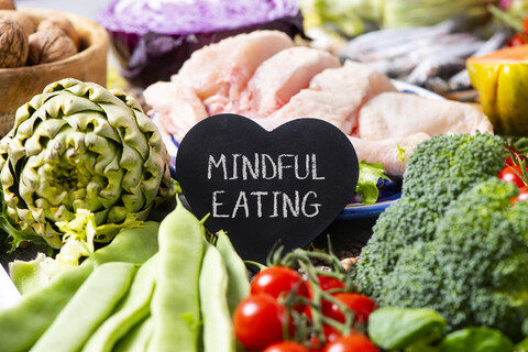 Vegetables, chicken and text mindful eating Vegetables, chicken and text mindful eating