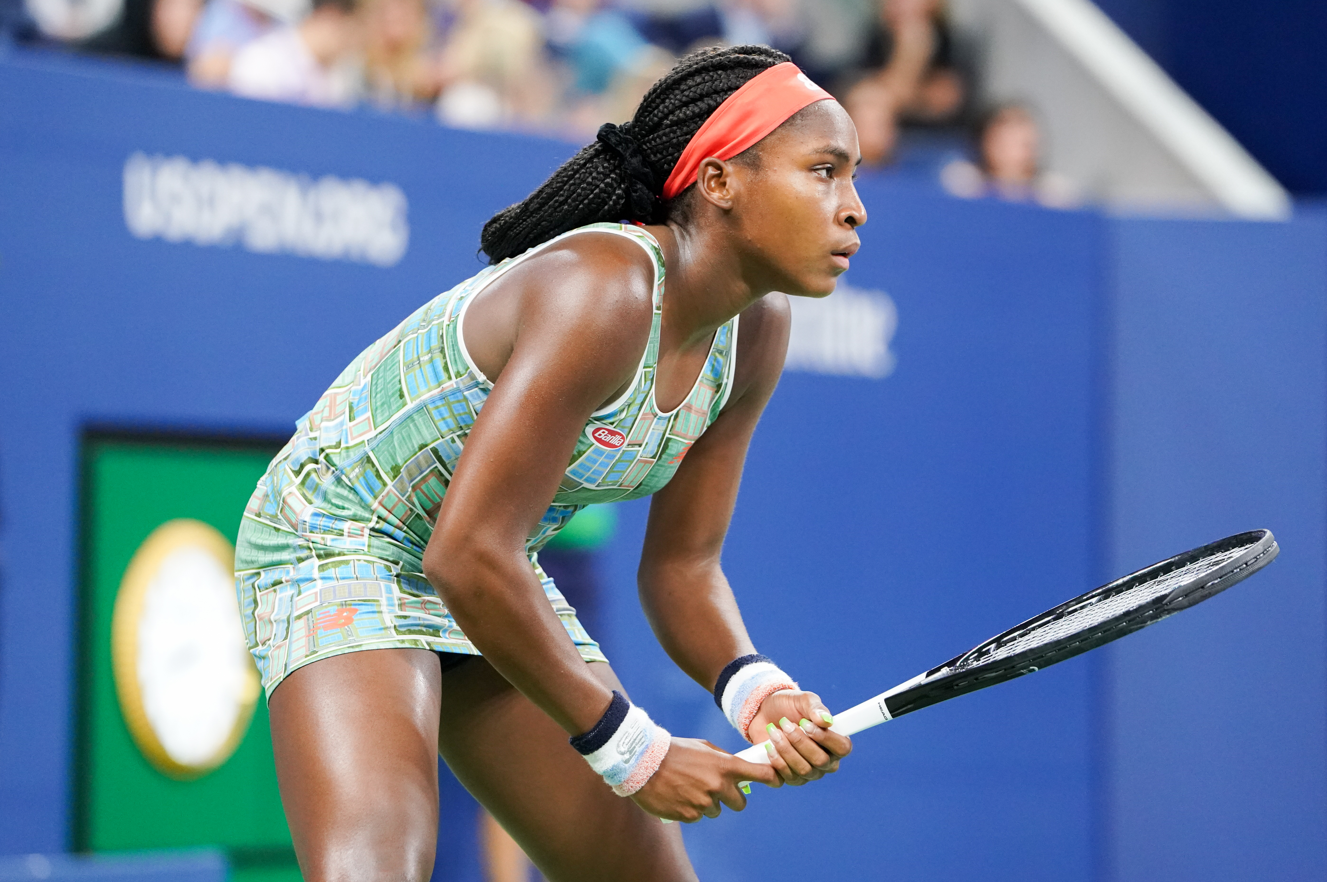 Professional tennis player 15-year-old Coco Gauff of United States in action during her 2019 US Open first round match Professional tennis player 15-year-old Coco Gauff of United States in action during her 2019 US Open first round match